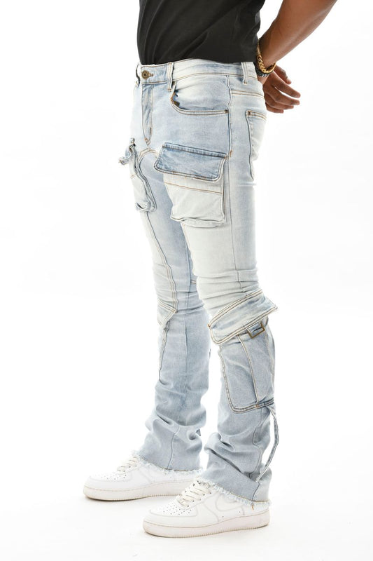 VICIOUS DENIM DUAL CARGO STACKED FLARE PANTS-VC427 ICE BLUE