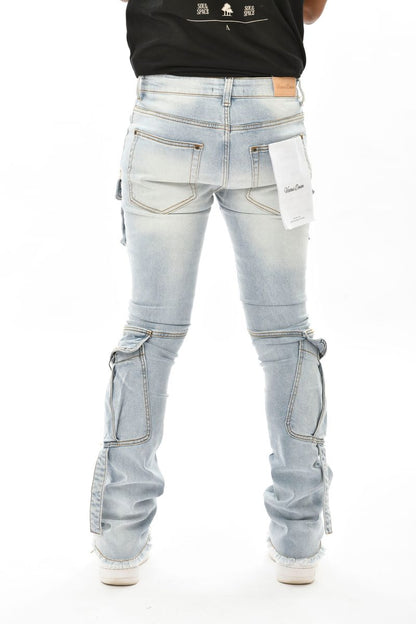 VICIOUS DENIM DUAL CARGO STACKED FLARE PANTS-VC427 ICE BLUE