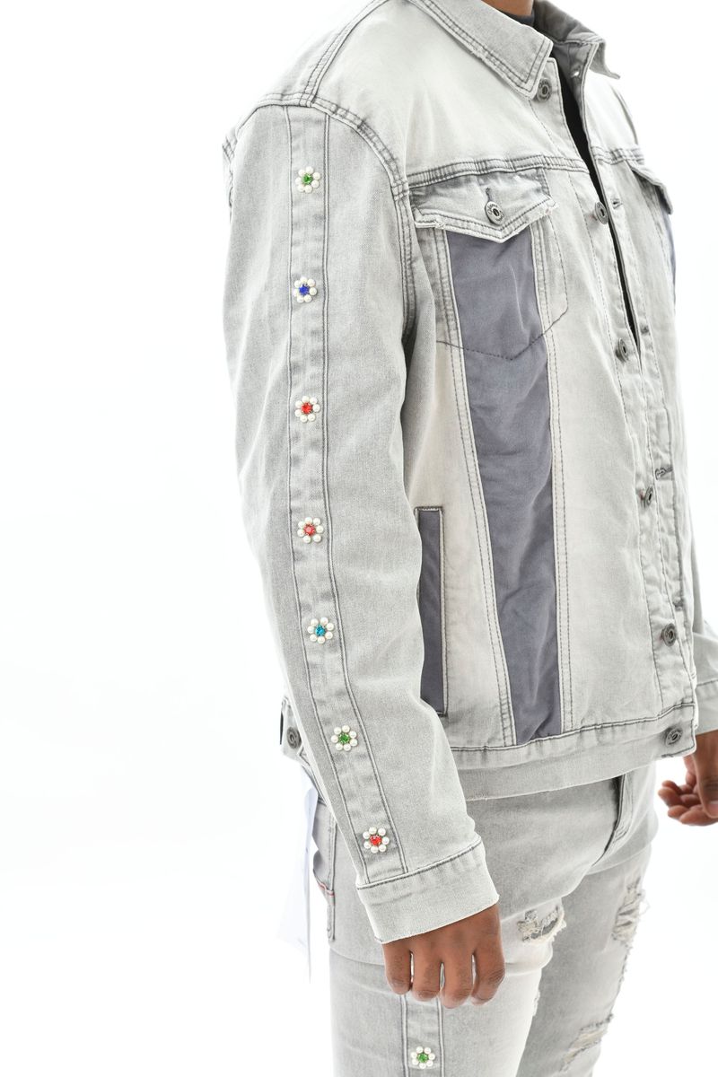 VICIOUS DENIM JACKET w/ Suede Cut & Sew and Pearl + Gem Stone Details VC611 LIGHT GREY