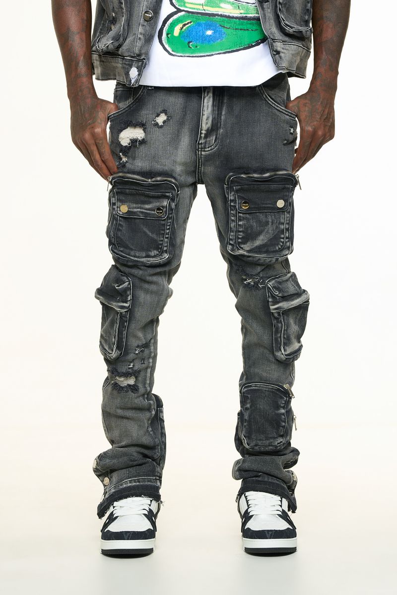 PHEELINGS "JOURNEY TO GREATNESS" CARGO FLARE STACK DENIM (PH-SS24-72)-BLACK