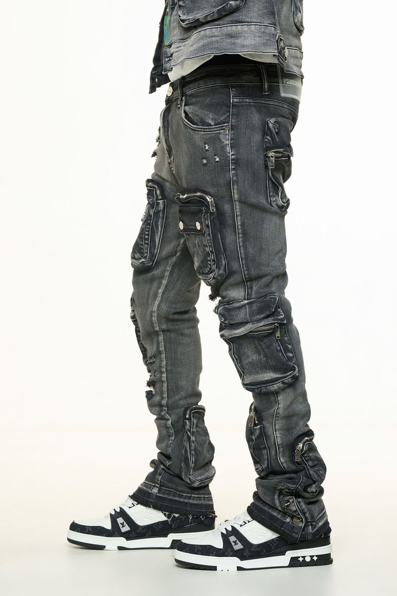 PHEELINGS "JOURNEY TO GREATNESS" CARGO FLARE STACK DENIM (PH-SS24-72)-BLACK