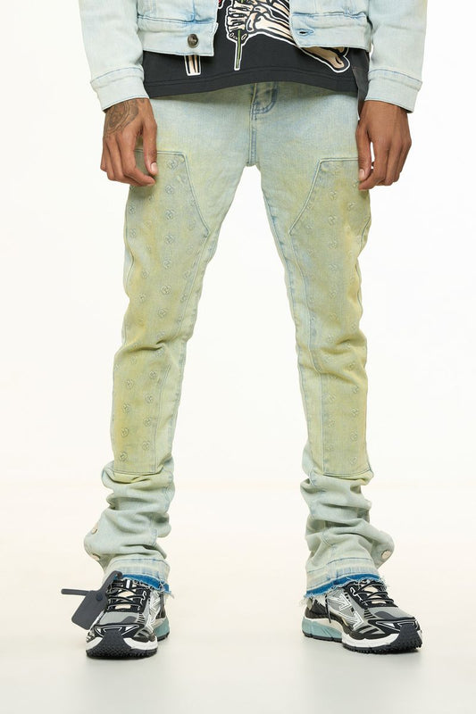 PHEELINGS "MENDING HEARTS" EMBOSSED FLARE STACK DENIM (PH-SS24-85)-LT BLUE/SAND