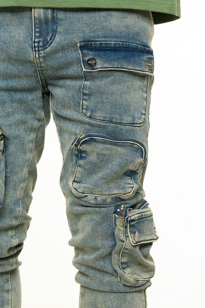 PHEELINGS "LUCID DREAMS" CARGO SKINNY DENIM (PH-SS24-87)-MEDIUM BLUE/SAND