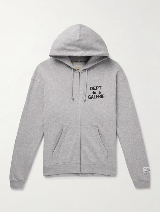 GALLERY DEPT. Logo-Print Cotton-Blend Jersey Zip-Up Hoodie- GRAY