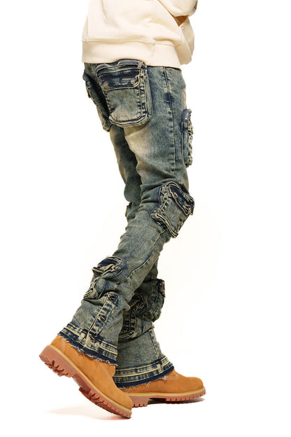 PHEELINGS "JOURNEY TO GREATNESS" CARGO FLARE STACK DENIM (PH-SS24-28) NAVY BLUE