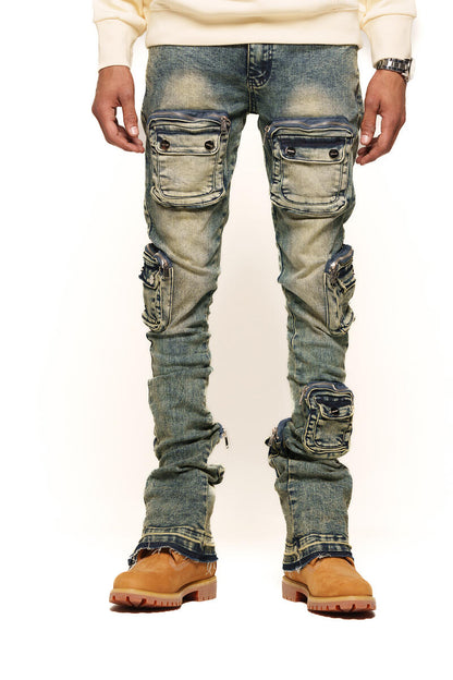 PHEELINGS "JOURNEY TO GREATNESS" CARGO FLARE STACK DENIM (PH-SS24-28) NAVY BLUE